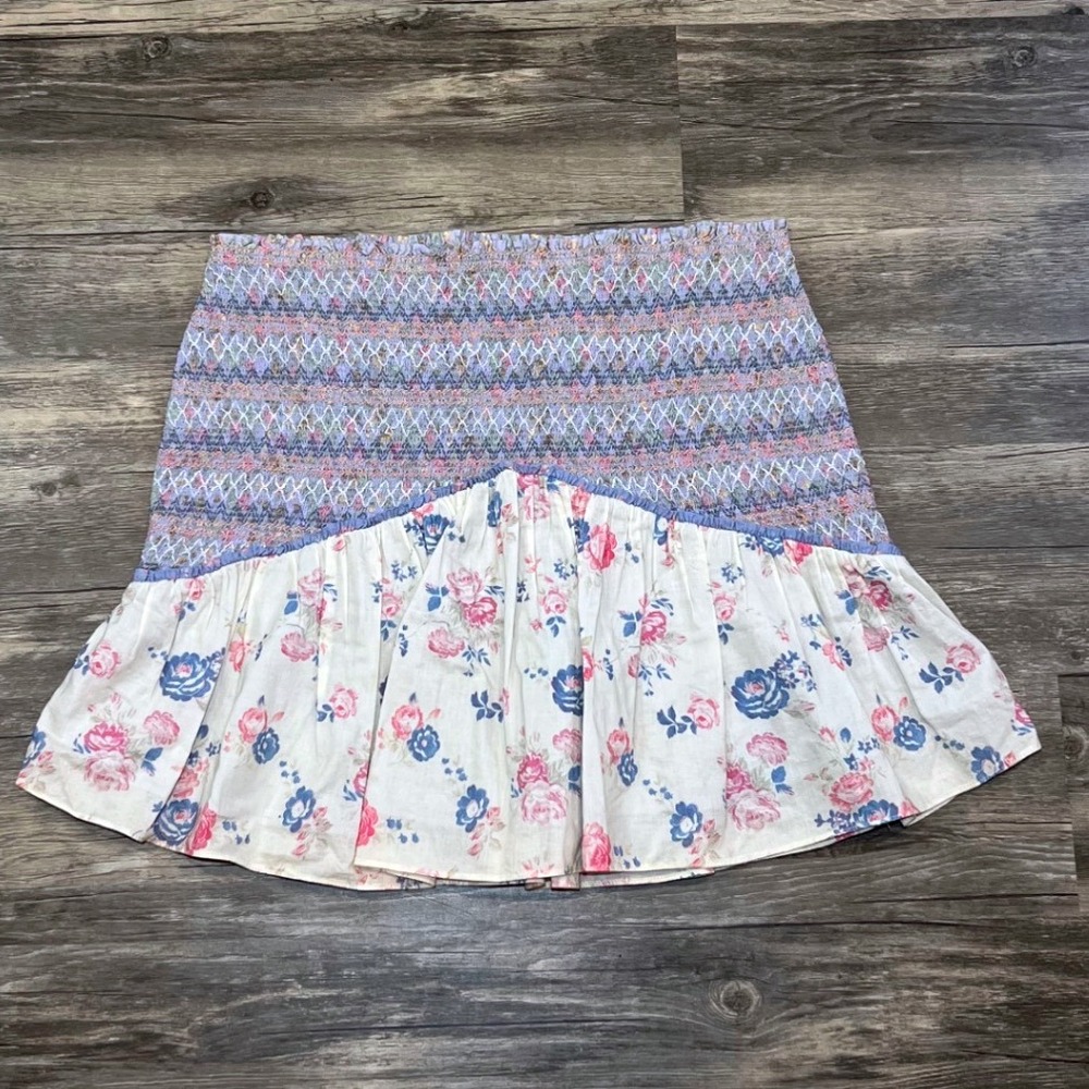 LoveShackFancy Floral Smocked Mini Skirt Cottagecore Ruffle Tiered‎ Size L